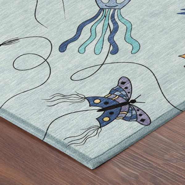 8 Ft Round Geometric Polyester Rug Sky Blue Gold Washable for Patio or Family Room