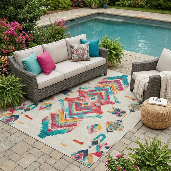 5 X 8 Beige Ivory Tribal Polyester Area Rug Washable Stain Resistant Indoor Outdoor