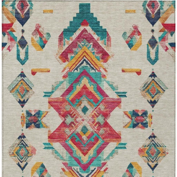 5 X 8 Beige Ivory Tribal Polyester Area Rug Washable Stain Resistant Indoor Outdoor