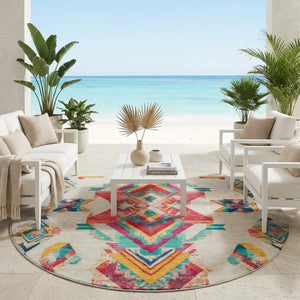 8 Ft Round Tribal Geometric Polyester Area Rug for Indoor Outdoor High Traffic Spaces