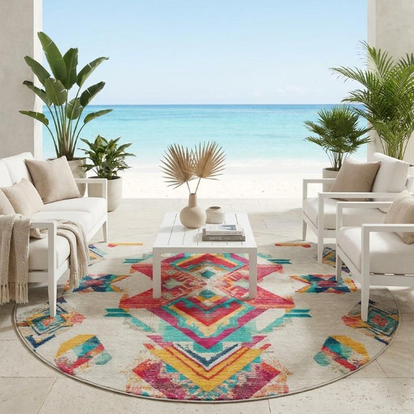 8 Ft Round Tribal Geometric Polyester Area Rug for Indoor Outdoor High Traffic Spaces