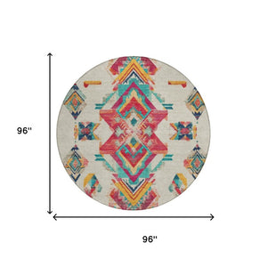 8 Ft Round Tribal Geometric Polyester Area Rug for Indoor Outdoor High Traffic Spaces