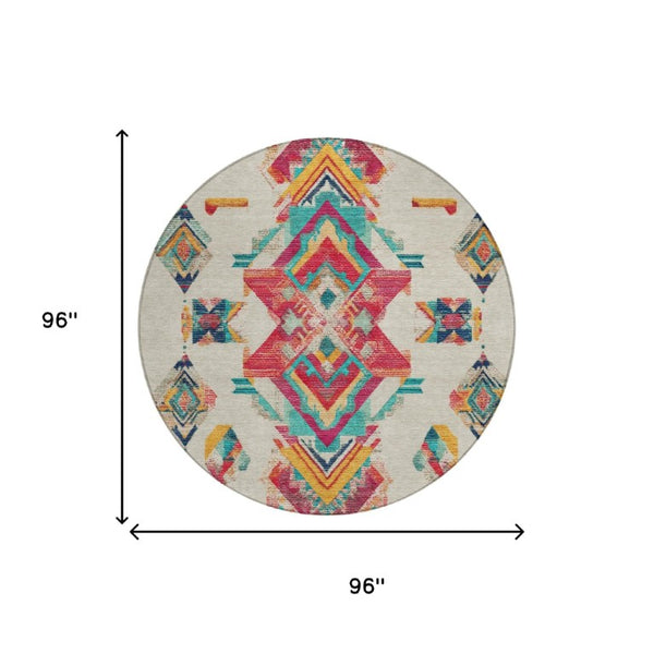 8 Ft Round Tribal Geometric Polyester Area Rug for Indoor Outdoor High Traffic Spaces