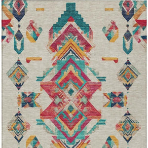 10 X 14 Tribal Beige Ivory Polyester Area Rug Washable for Indoor Outdoor Use