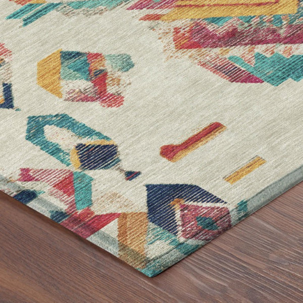 10 X 14 Tribal Beige Ivory Polyester Area Rug Washable for Indoor Outdoor Use