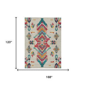 10 X 14 Tribal Beige Ivory Polyester Area Rug Washable for Indoor Outdoor Use