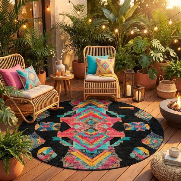 8 Foot Round Tribal Geometric Polyester Rug Washable Indoor Outdoor Patio Use