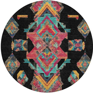 HomeRoots 8 Foot Round Tribal Geometric Polyester Rug Washable Indoor Outdoor Patio Use 735486