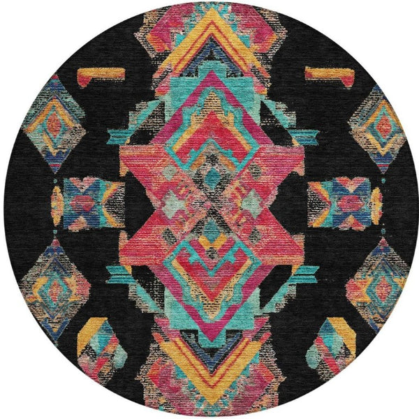 HomeRoots 8 Foot Round Tribal Geometric Polyester Rug Washable Indoor Outdoor Patio Use 735486