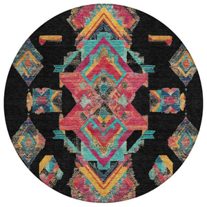 8 Foot Round Tribal Geometric Polyester Rug Washable Indoor Outdoor Patio Use