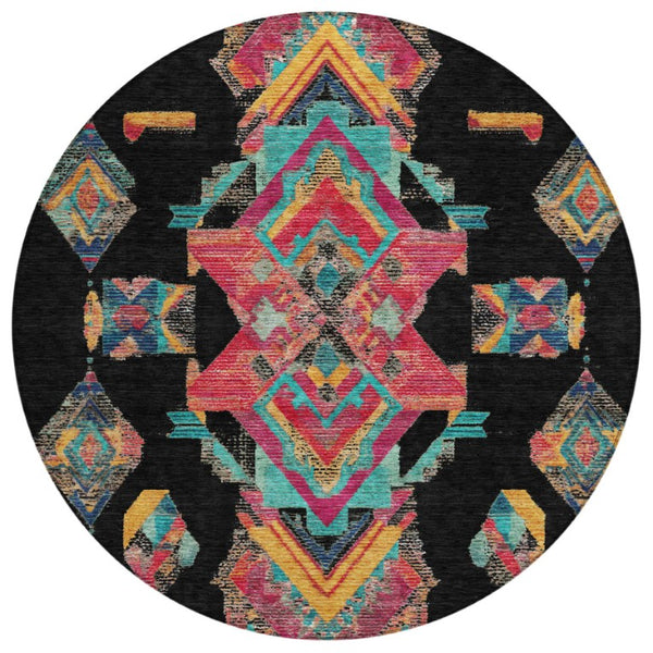 8 Foot Round Tribal Geometric Polyester Rug Washable Indoor Outdoor Patio Use