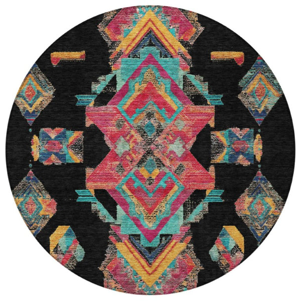 8 Foot Round Tribal Geometric Polyester Rug Washable Indoor Outdoor Patio Use