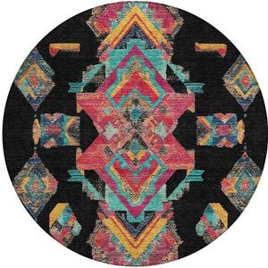 8 Foot Round Tribal Geometric Polyester Rug Washable Indoor Outdoor Patio Use