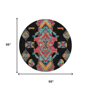 8 Foot Round Tribal Geometric Polyester Rug Washable Indoor Outdoor Patio Use