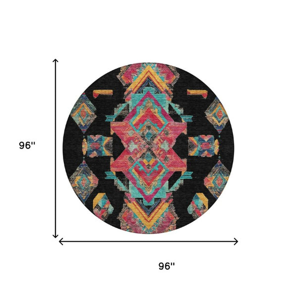 8 Foot Round Tribal Geometric Polyester Rug Washable Indoor Outdoor Patio Use