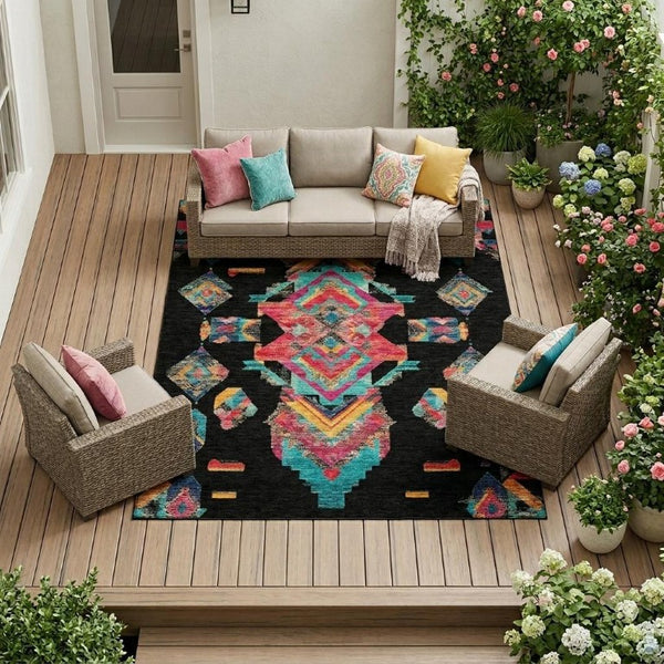 8 X 10 Tribal Geometric Polyester Area Rug Stain Resistant for Patio or Living Room