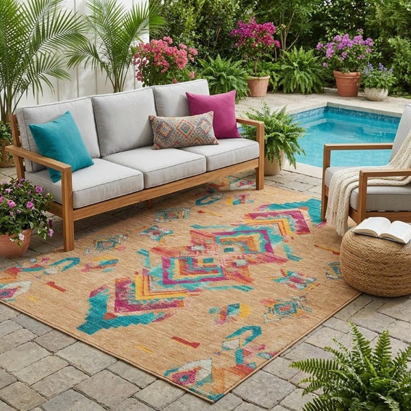 5x8 Copper Ivory Tribal Polyester Area Rug Stain Resistant for Indoor Outdoor Use