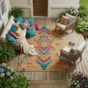 9 X 12 Tribal Polyester Indoor Outdoor Rug Washable Stain Resistant Patio Accent
