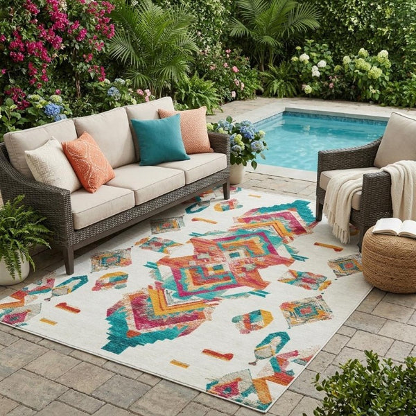 5x8 Ivory Coral Tribal Polyester Area Rug Stain Resistant for Patio and Living Room