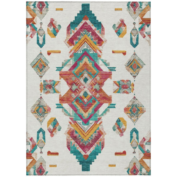 HomeRoots 5x8 Ivory Coral Tribal Polyester Area Rug Stain Resistant for Patio and Living Room 735497