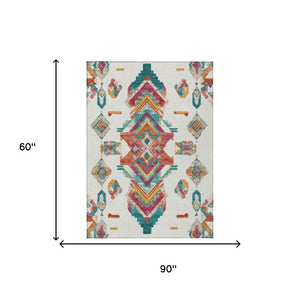 5x8 Ivory Coral Tribal Polyester Area Rug Stain Resistant for Patio and Living Room