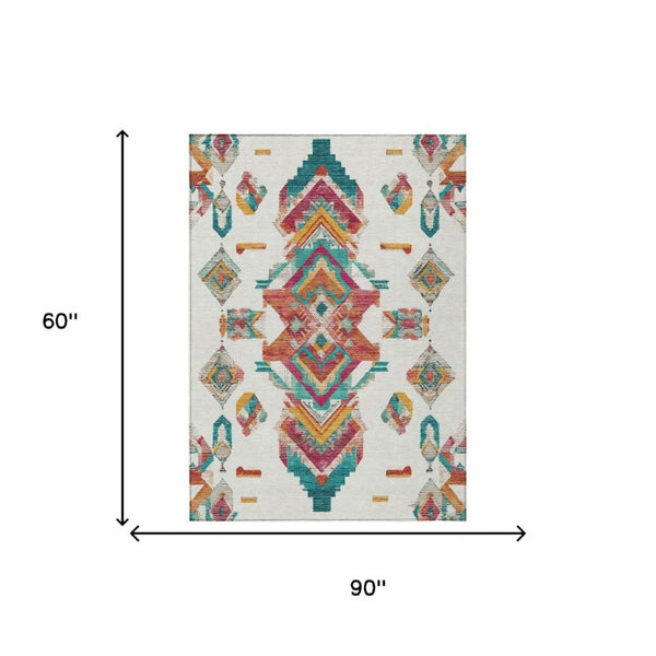 5x8 Ivory Coral Tribal Polyester Area Rug Stain Resistant for Patio and Living Room