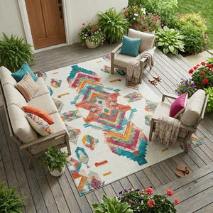 8 X 10 Ivory Coral Tribal Polyester Area Rug Stain Resistant for Patio or Living Room