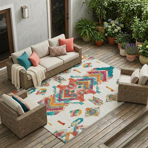 9 X 12 Tribal Pattern Washable Polyester Area Rug for Indoor Outdoor Living Spaces