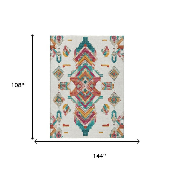 9 X 12 Tribal Pattern Washable Polyester Area Rug for Indoor Outdoor Living Spaces