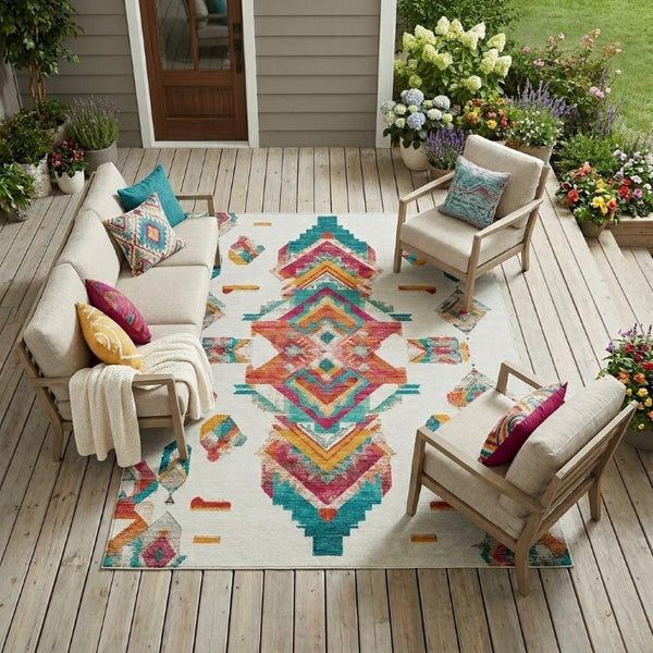 10 X 14 Ivory Coral Tribal Polyester Area Rug Stain Resistant for Patio or Living Room