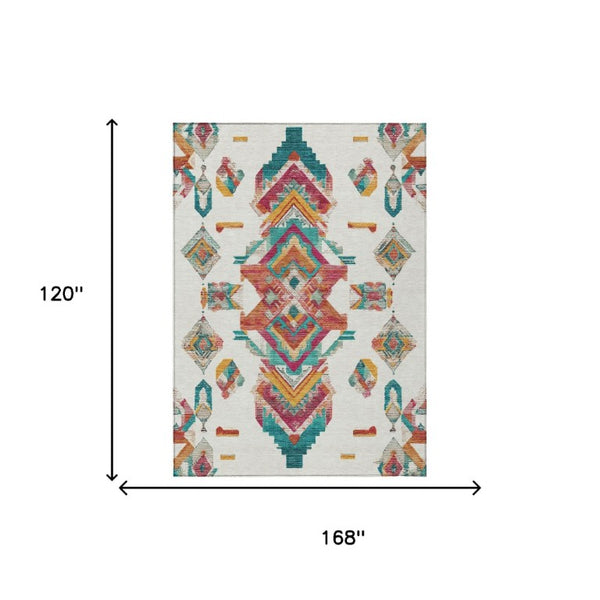 10 X 14 Ivory Coral Tribal Polyester Area Rug Stain Resistant for Patio or Living Room