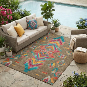 5x8 Tribal Patterned Polyester Area Rug Stain Resistant for Patio Porch or Living Room