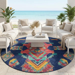 8 Foot Round Tribal Geometric Polyester Area Rug for Indoor Outdoor High Traffic Spaces