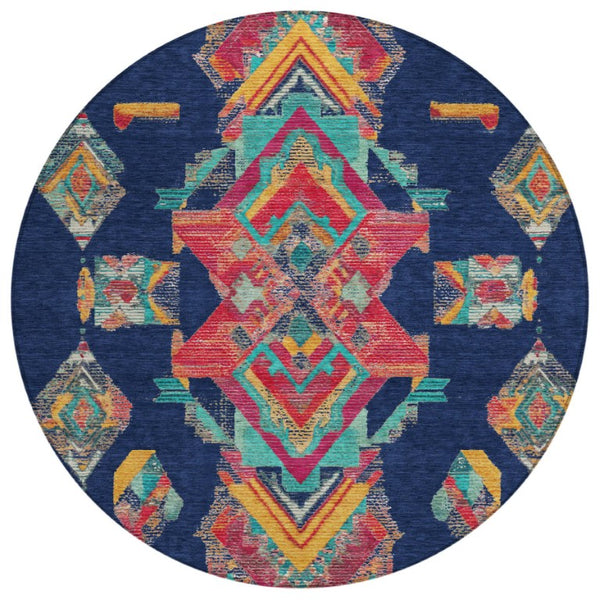 HomeRoots 8 Foot Round Tribal Geometric Polyester Area Rug for Indoor Outdoor High Traffic Spaces 735510