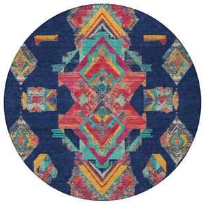 8 Foot Round Tribal Geometric Polyester Area Rug for Indoor Outdoor High Traffic Spaces
