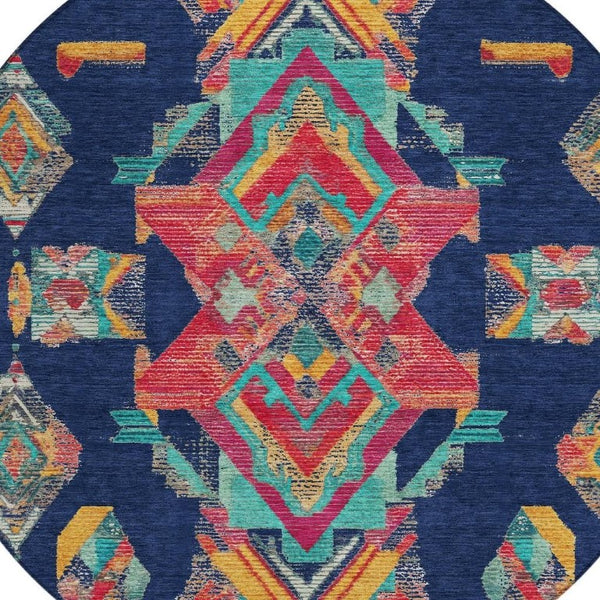 8 Foot Round Tribal Geometric Polyester Area Rug for Indoor Outdoor High Traffic Spaces