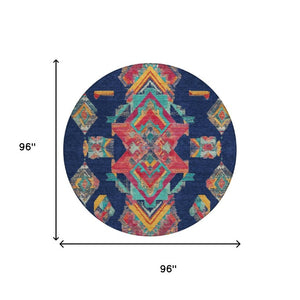 8 Foot Round Tribal Geometric Polyester Area Rug for Indoor Outdoor High Traffic Spaces