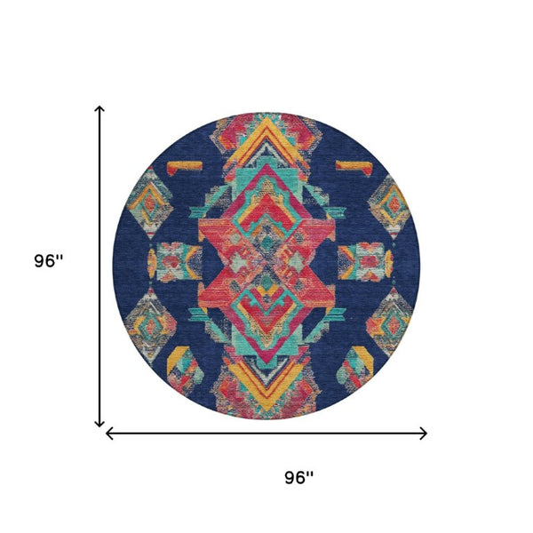8 Foot Round Tribal Geometric Polyester Area Rug for Indoor Outdoor High Traffic Spaces