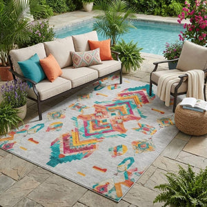 5x8 Silver Ivory Tribal Polyester Area Rug Stain Resistant for Indoor Outdoor Use