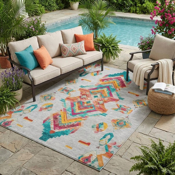5x8 Silver Ivory Tribal Polyester Area Rug Stain Resistant for Indoor Outdoor Use