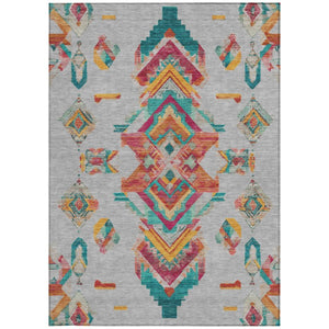 5x8 Silver Ivory Tribal Polyester Area Rug Stain Resistant for Indoor Outdoor Use