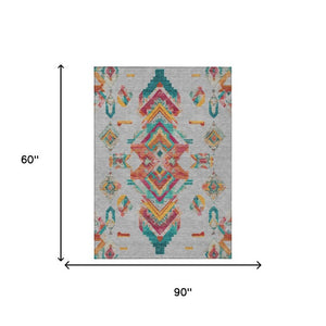 5x8 Silver Ivory Tribal Polyester Area Rug Stain Resistant for Indoor Outdoor Use