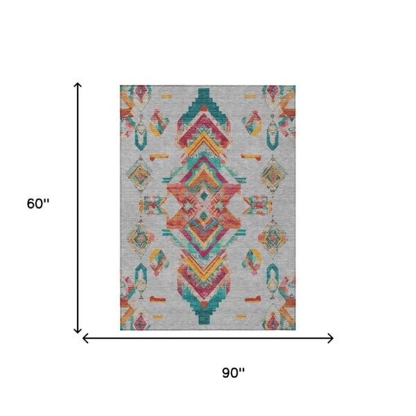 5x8 Silver Ivory Tribal Polyester Area Rug Stain Resistant for Indoor Outdoor Use