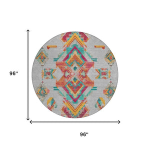 8 Foot Round Tribal Geometric Polyester Rug Stain Resistant Indoor Outdoor Use
