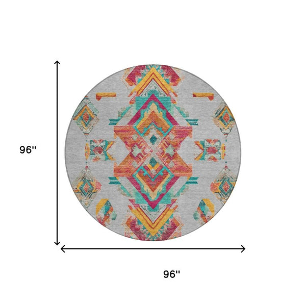 8 Foot Round Tribal Geometric Polyester Rug Stain Resistant Indoor Outdoor Use