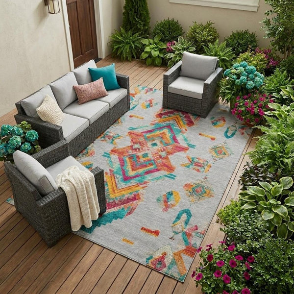 9 X 12 Tribal Polyester Area Rug Washable Stain Resistant for Indoor Outdoor Use