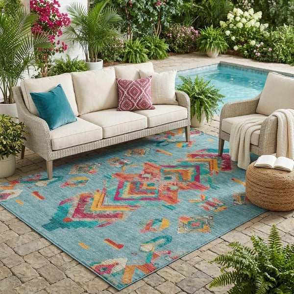 5 X 8 Teal Ivory Tribal Polyester Area Rug Stain Resistant Indoor Outdoor Use