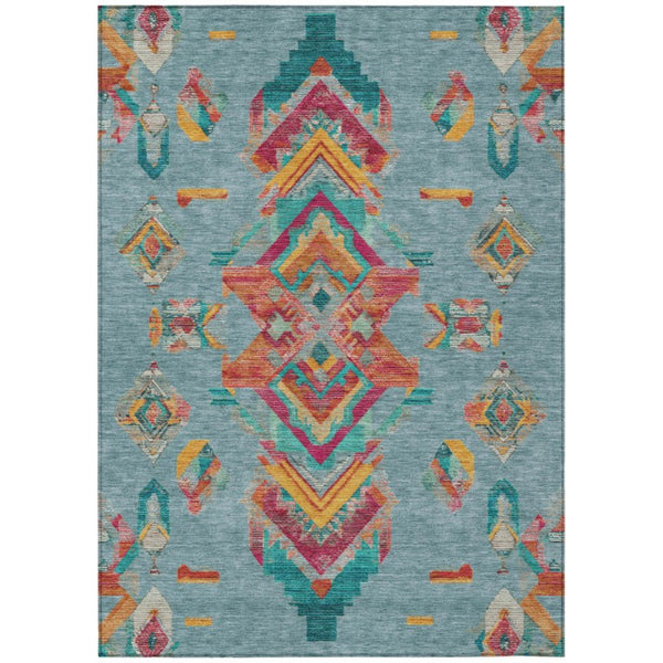 HomeRoots 5 X 8 Teal Ivory Tribal Polyester Area Rug Stain Resistant Indoor Outdoor Use 735521