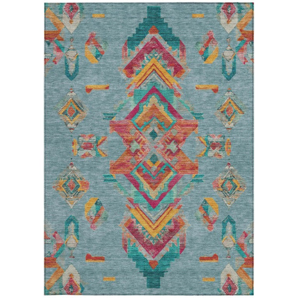 5 X 8 Teal Ivory Tribal Polyester Area Rug Stain Resistant Indoor Outdoor Use