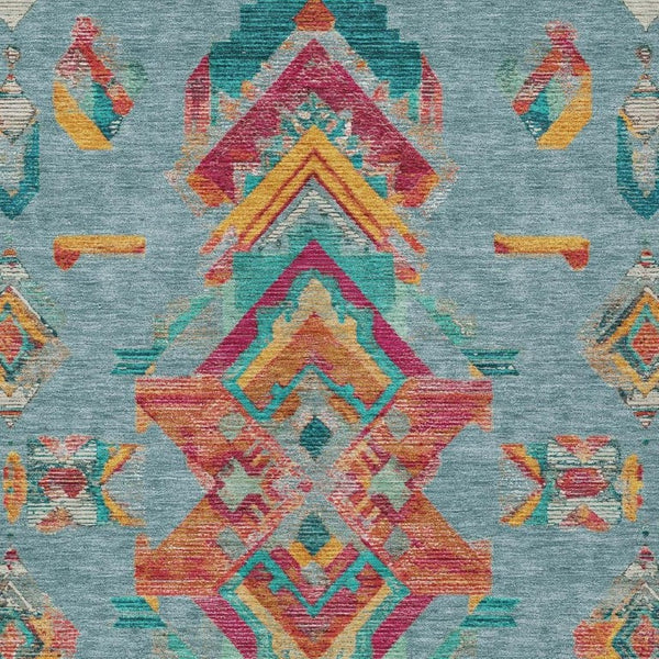 5 X 8 Teal Ivory Tribal Polyester Area Rug Stain Resistant Indoor Outdoor Use